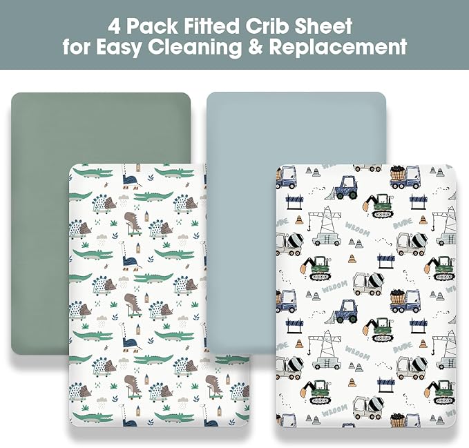 Little Grape Land Crib Sheets 4 Pack for Boys and Girls, Baby Neutral Crib Fitted Sheets for Standard Crib & Toddler Mattress, Super Soft Breathable Fitted Crib Sheet Set, Truck & Alligator