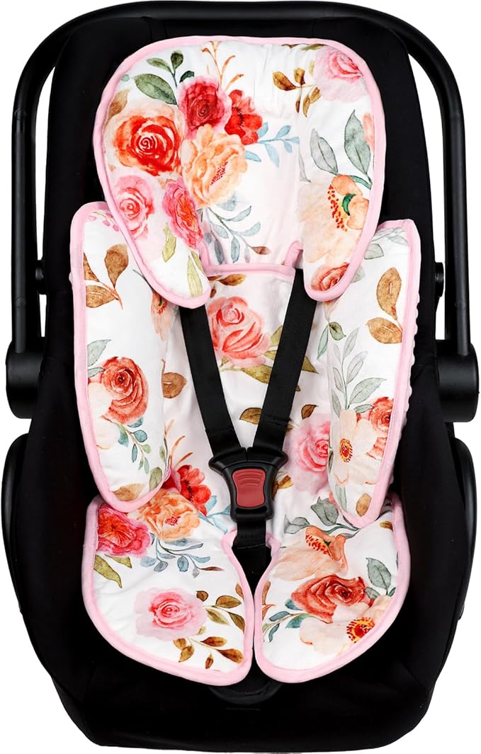 Infant Car Seat Insert, 2-in-1 Baby Car Seat Head Support for Newborn Girls Boys, Soft Baby Neck Support and Body Cushion for Car Seat, Stroller, Bouncer (Floral)