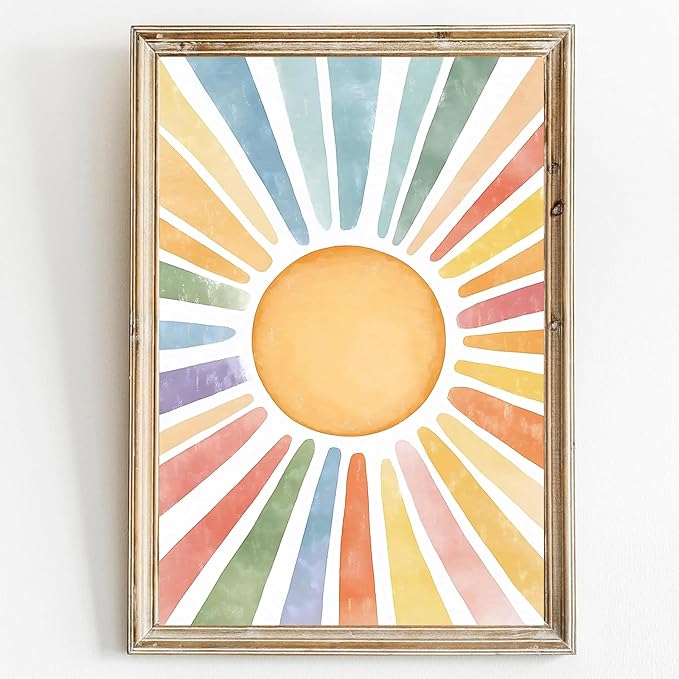 Boho Sun Canvas Wall Art Nursery Sun Prints Watercolor Sunshine Art Colorful Sunshine Poster Abstract Geometric Painting Colorful Geometric Prints Modern Minimalist Poster 16x24inch Frameless