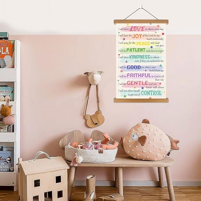 KAIRNE Bible Verse Poster With Wood Magnetic Hanger,Christian Fruits Pictures Wall Decor,Sunday School Motivational Wall Art(35X56CM) Rainbow Positive Canvas For Kids Bedroom Playroom Classroom Decor