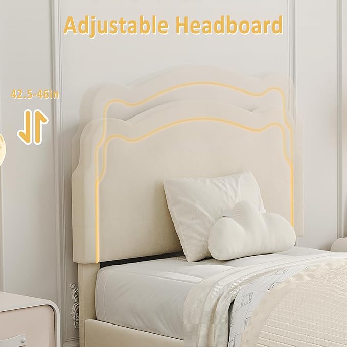 GarveeHome Twin Upholstered Smart LED Bed Frame with Headboard and LED, Velvet Princess Platform Bed Frame, Wooden Slats Support, No Box Spring Needed (Beige with Drawer, Twin)