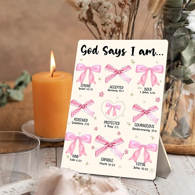 God Says I Am Christian Sign, Coquette Pink Bow Bible Verse Wooden Stand Sign 5x7 Inch, Preppy Religious Decorations for Girls Bedroom Dorm Home Prayer Room Desk Table Decor