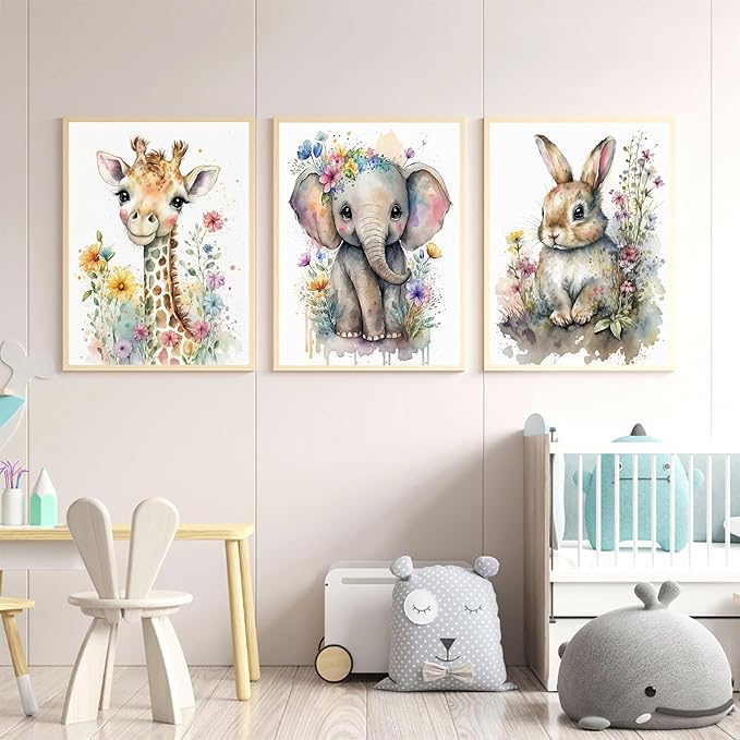 3Pcs Baby Watercolor Safari Animals Nursery Canvas Wall Art Cute Jungle Animals with Wildflower Picture Posters Wall Decor Giraffe Elephant Rabbit Painting Print Artwork for Kids Children Room 12x16in