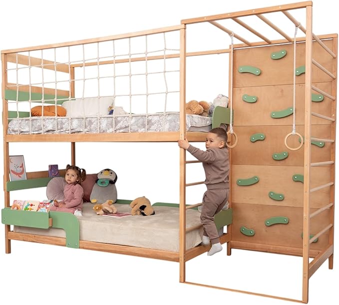 BUSY WOOD Montessori Twin Floor Bed for Toddler - Climbing Set for Kids - Jungle Gym Bedframe