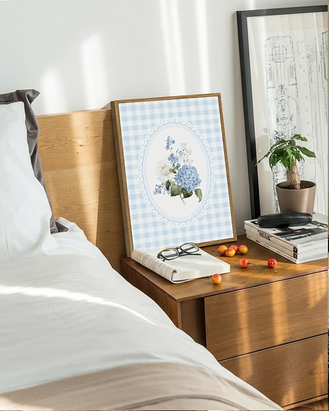 ARPEOTCY Vintage Framed Canvas Wall Art, 12x16inch, Blue Hydrangea Wildflower Wall Decor, Botanical Art Prints Home Decorations, Floral Paintings for Nursery Living Room Bedroom Decor