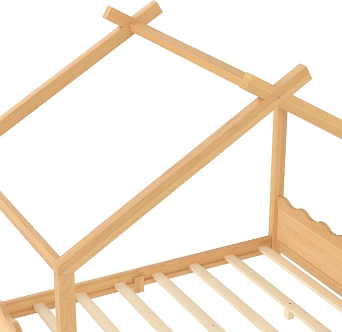 Full Size Wooden House Floor Bed - Kids Bed Frame with Roof & Support Slats for Bedroom, No Box Spring Needed, Easy Assembly (Natural)