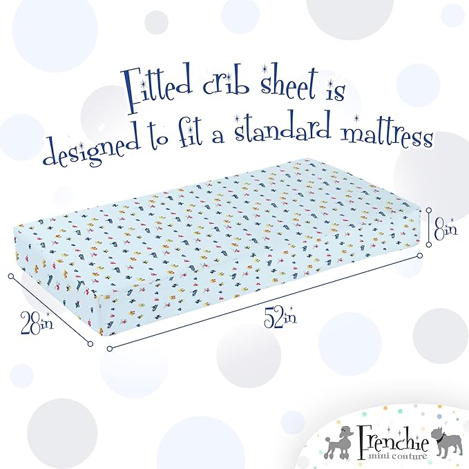 Frenchie Mini Couture, Fitted Crib Sheet Single, 100% Woven Cotton, Toddler Fitted Sheet, Fits Standard Size Baby Mattress 28 x 52 x 8in, Cars, Boats, & Planes (Light Blue)