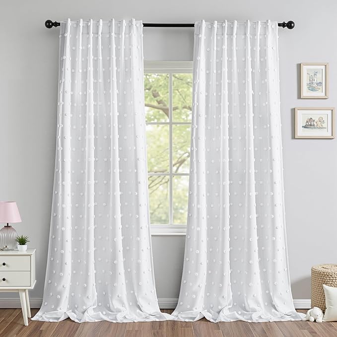 MYSKY HOME 100% Blackout Curtains for Living Room White Curtain 95 Inch Long Light Block Girls Room Drapes Thermal Insulated Room Darkening Drapes with Pom Pom Sheer Back Tab 2 Pieces 52W x 95L