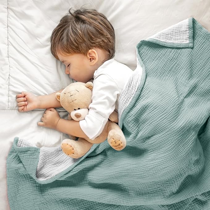 Lulu moon Muslin Baby Blanket - Cotton Quilt Blankets for Toddlers - Reversible Nursery Crib Blanket for Baby Boys and Girls 47"x47"(Sage)