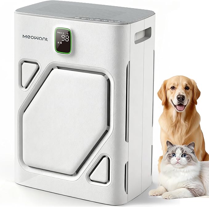 Meowant Pet Air Purifier for Home Large Room 2600ft², Double Air Intake HEPA Air Cleaner For Pet Hair Dander Odor Dust Smoke, Washable Pre-Filters, PM2.5 Air Quality Monitor, Auto Mode, White