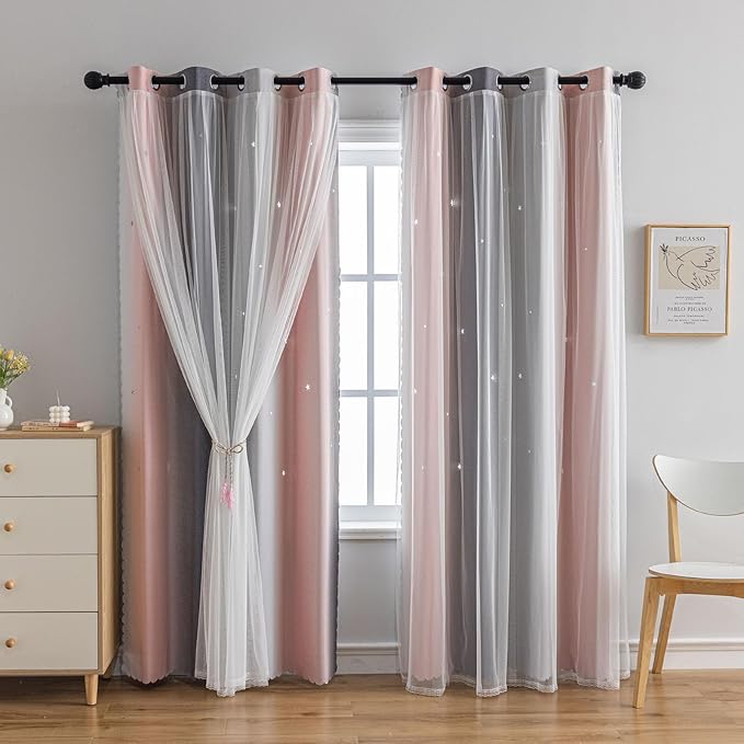 Star Girl and Kids Curtains for Bedroom Rainbow Ombre Double Layer Cute Shot Nursery Darkening Grommet Princess Room Décor 2 Panels Living Room Window Curtain (Pink Grey52W x 84L)