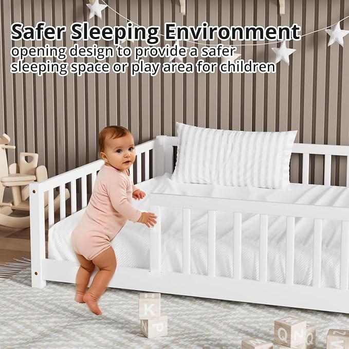 LLS Full Floor Bed for Kids Toddlers, Solid Wood Multifunctional Montessori Bed Frame with Safety Guardrails, Without Door, Easy Assemble, White