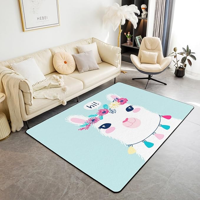Cute Cartoon Llama Decorative Carpet Living Room Rugs for Bedroom Rugs Teal Llama Alpaca Decor Extra Soft Rugs for Living Room Bedroom Room Machine Washable Rugs