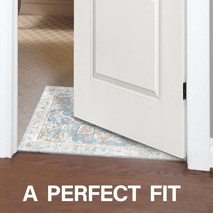 Vhong Washable Area Rugs Boho Vintage Neutral Modern Pale Blue 2x3 Non Slip Small Carpet for Hallway Bathroom Entryway