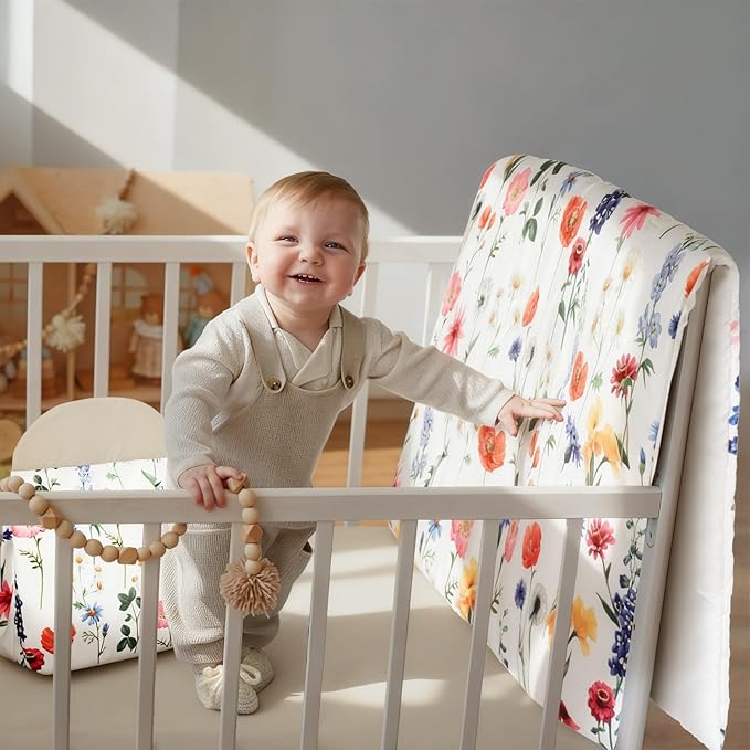 Oudain 4 Piece Spring Wild Flower Crib Bedding Set Including Spring Wild Flower Crib Skirt, Blanket, Sheet and Diaper Stacker, Soft Neutral Nursery Standard Size Baby Bedding for Baby Girls and Boys