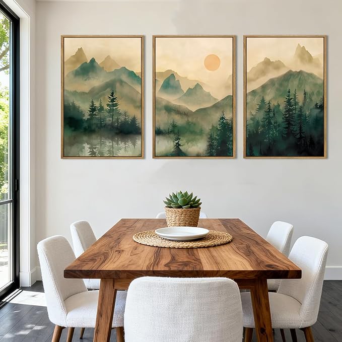IARTTOP Large Forest Green Wall Art Framed 24x36 Inch Foggy Mountain Landscape Canvas Art Prints Nature Landscape Wall Decor for Living Room Bedroom Office Set of 3