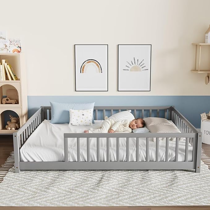 LLS Full Floor Bed for Kids Toddlers, Solid Wood Multifunctional Montessori Bed Frame with Safety Guardrails, Without Door, Easy Assemble, Grey
