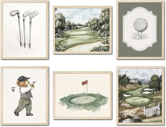Mynotix Golf Nursery Canvas Poster Set of 6, Vintage Baby Boy Golf Sport Wall Art Teddy Bear Sage Green Kids Wall Decor Print for Living Room Bedroom Children's Room Unframed 8x10 inch