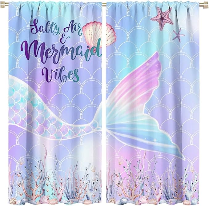 Fantasy Mermaid Curtain Colorful Rainbow Fish Tail Ocean Theme Beautiful Kids Window Treatment for Girls Bedroom Nursery Room Decor Rod Pocket Window Drapes 63x63in