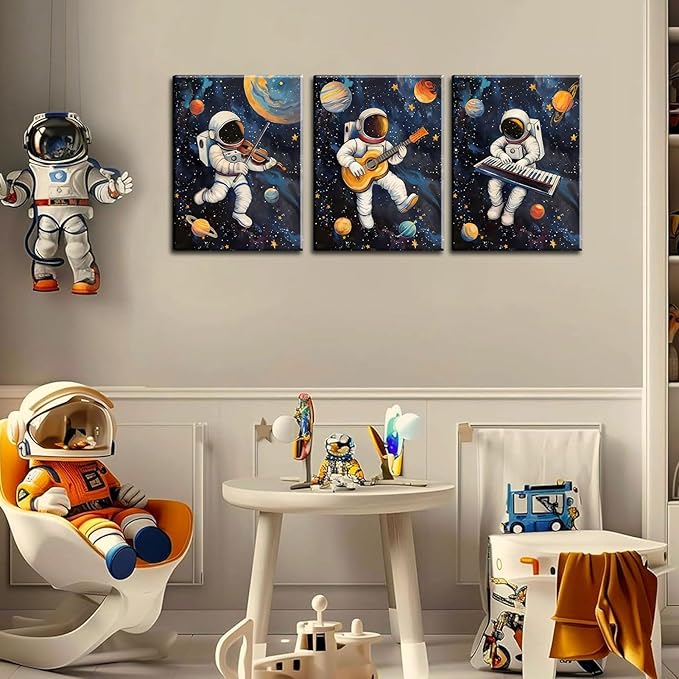 3Pcs Space Astronaut Musiic Canvas Wall Art Cute Astronaut Musician Decor Pictures Funny Piano Guitar Violin Posters Prints for Boys Room Girls Room Kids Room Nursery Decoration