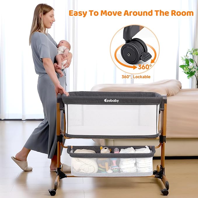 Ezebaby 3-in-1 Baby Bassinet, Rocking Baby Bassinets Bedside Sleeper, Adjustable Portable Crib for Newborn Infant with Wheels Storage Basket and Mesh Sides