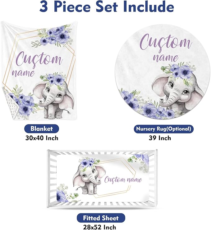 Custom Baby Crib Bedding Set - Purple Flower Elephant Design Personalized Name Baby Nursery Bedding 3 Pcs Set - Chic Soft Blanket, Fitted Sheet, Room Rug for Newborns Boys Girls Gifts