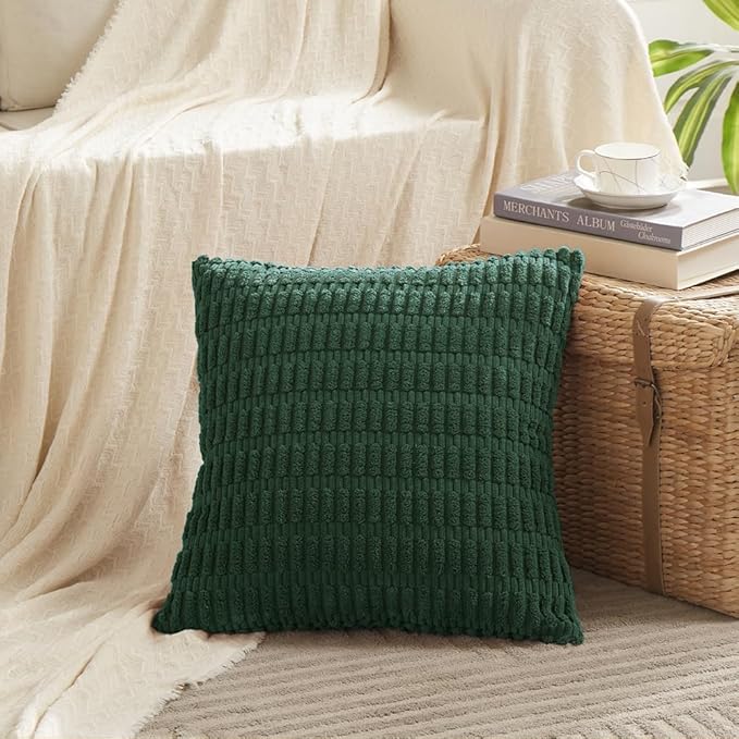 Fancy Homi 2 Packs Boho Dark Green Decorative Throw Pillow Covers 26x26 Inch for Couch Bed Sofa, Rustic Modern Farmhouse Home Decor, Soft Plush Corduroy Cute Square Cushion Case 66x66 cm