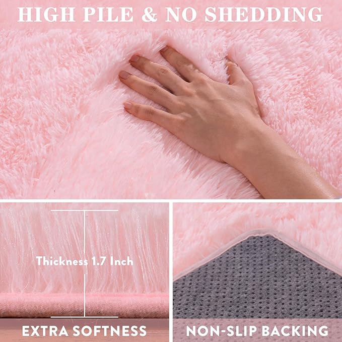 Pink Rugs for Bedroom Girls, 4x6 Fluffy Area Rug for Living Room, Soft Shag Carpet for Kids Room Dorm, Indoor Fuzzy Shaggy Rug, Cute Home Decor