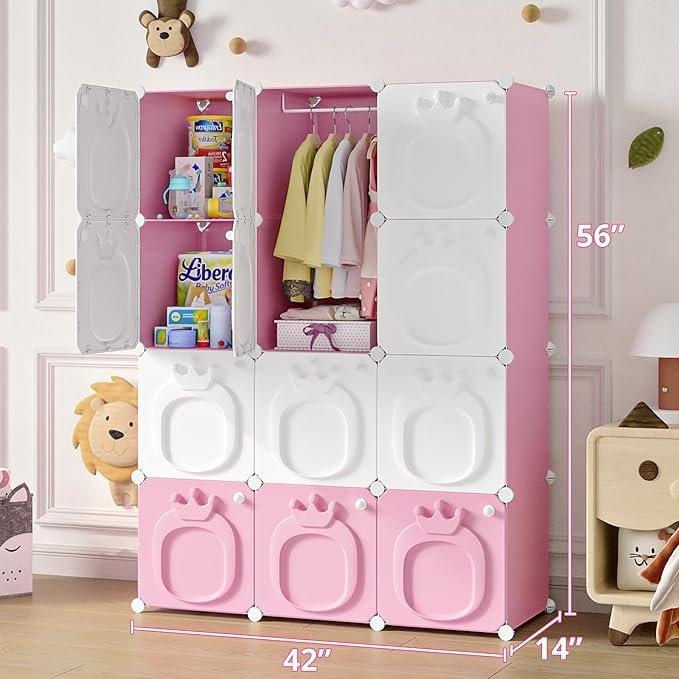 MAGINELS Kids Wardrobe Closet,Baby Closet Cabinet with Door.Baby Girls Armoires Organizer for Bedroom.Two Open Hanging Children Costume Area and 8 Cube Stroage.Pink(42x14x56inch)