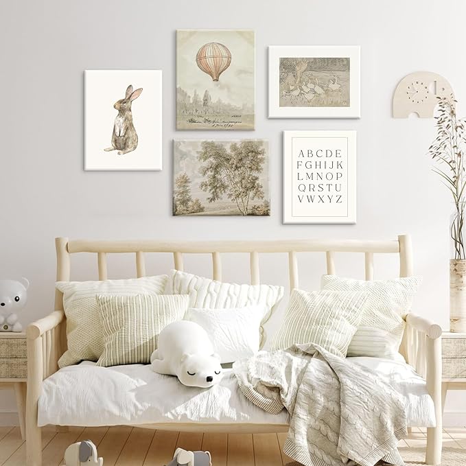 Vintage Nursery Wall Art Children Room Canvas Wall Decor Country Posters Botanical Prints Vintage Landscape Pictures Kids Child Wall Art Neutral Artwork for Playroom Bedroom 12x16x5 Inch Framed