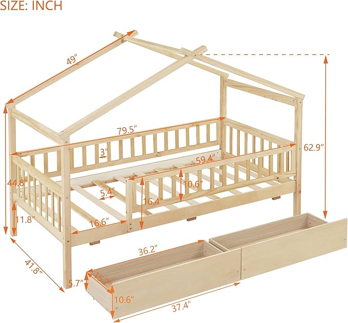 Aoowow Twin Size House Bed with Storage Drawers,Kids Wooden Bed Frame Twin House Bed with Slats and Fence for Boys Girls Teens for Bedroom(Natural)