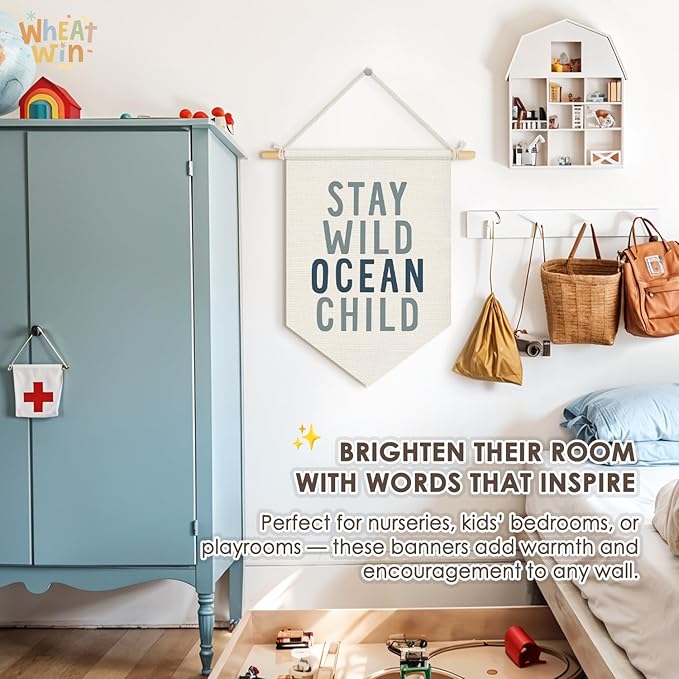 Wheatwin Ocean Nursery Decor, Stay Wild Ocean Child Wall Hanging Pennant Flag Banner, Coastal Beach Wall Decor for Kids Boys Girls Toddler Nursery Room Bedroom Playroom 15x11 Inch