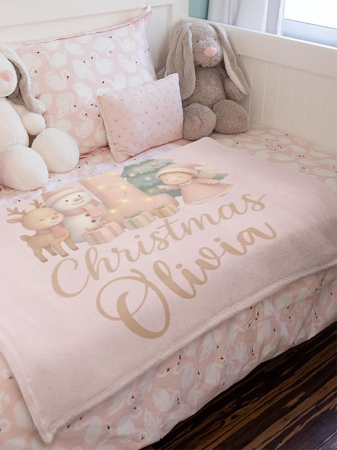 Personalized Baby's First Christmas Blanket, Custom Teddy Bear Snowman Baby Name Christmas Blanket, Soft Fleece Or Sherpa Throw, Baby Shower, Made in USA