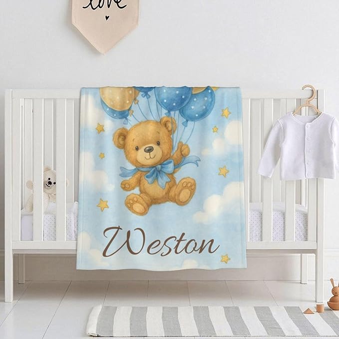 Ship Next Day Personalized Baby Blanket for Kids, Custom Baby Blanket with Name, Super Soft Flannel Blankets, Custom Bear Animal Blankets Baby Gifts for Christmas.