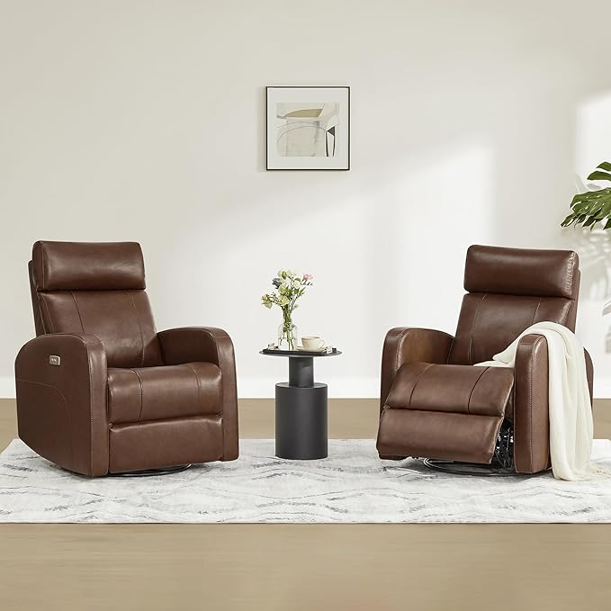 CHITA Genuine Leather Power Swivel Glider Recliner Chair for Adults, FSC Certified Electric Nursery Rocker Recliner Chair for Living Room, Light Brown