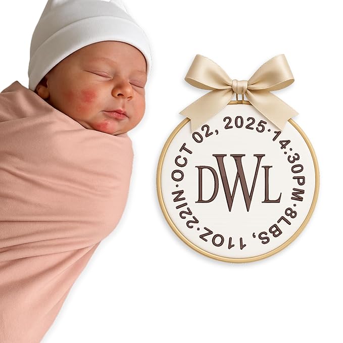 Personalized Baby Name Sign Welcome Baby Announcement Sign Newborn Baby Embroidery Hoop with Bows Baby Hospital Name Sign Custom Infant Baby Name Baby Shower Gifts (14)