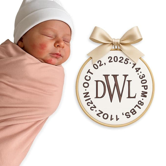 Personalized Baby Name Sign Welcome Baby Announcement Sign Newborn Baby Embroidery Hoop with Bows Baby Hospital Name Sign Custom Infant Baby Name Baby Shower Gifts (14)