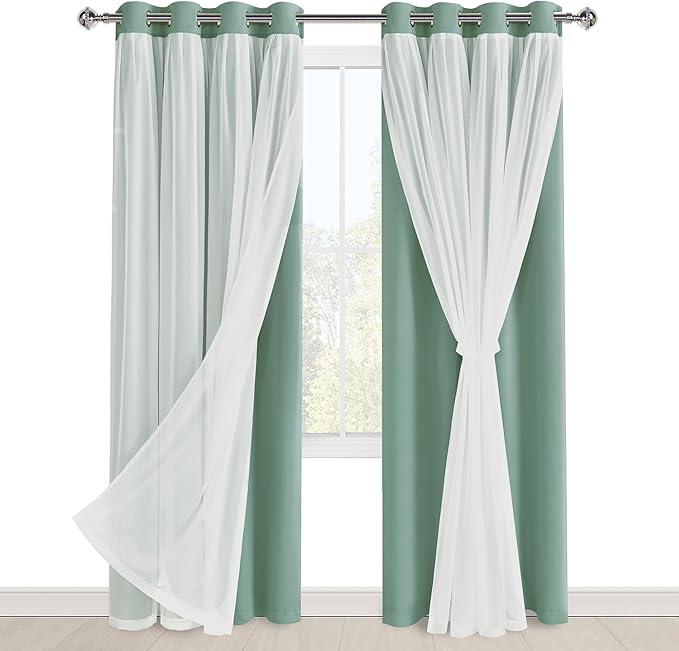 Hiasan Light Sage Green Blackout Curtains for Bedroom,Thermal Insulated Mix & Match Double Layer Room Darkening Curtains for Living Room,Nursery,2 Window Panels Sewn with Tiebacks,52W X 84L