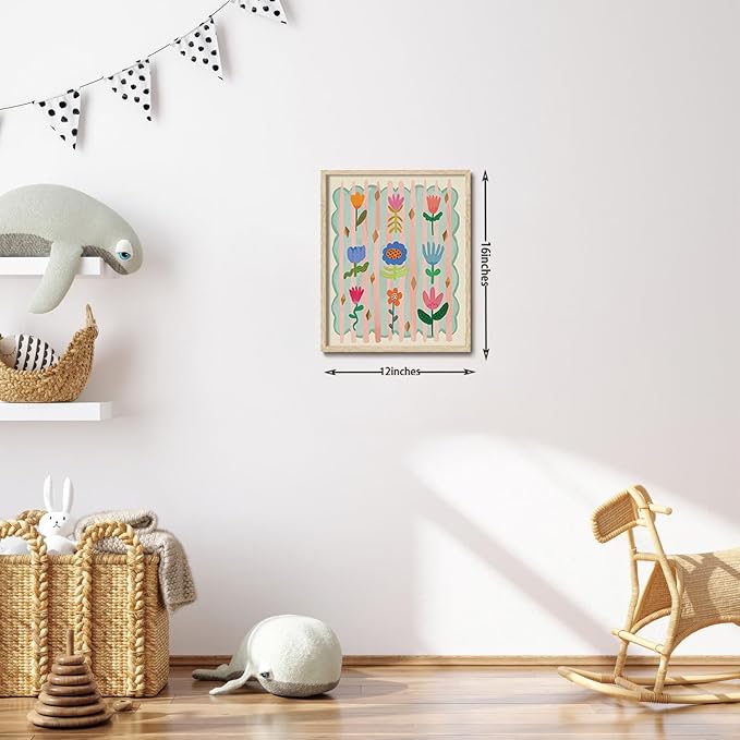 KISSFOX Framed Wall Art Nursery Wall Decor Cute Floral Pictures Kids Colorful Flower Canvas Art Boho Whimsical Paintings Artwork For Children Boys Girls Room