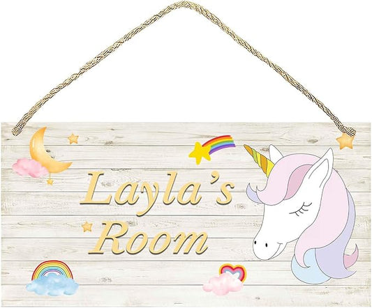Personalized Name's Pink-maned unicorn & stars-rainbow Nursery Kid's Children's Girls Bedroom Door Sign Wood Plaque Sign Wall Decor Gift