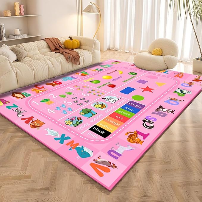 Cute Pink Playroom Rugs, 6x8ft, ABC Letters Fun Educational Area Rug for Kids, No Crease Soft Rubber Backed Non-Skid Carpet, Reduce Noise Absorbent Washable Carpets for Bedroom