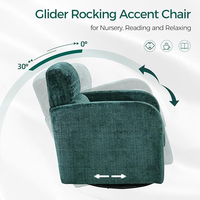 Swivel Glider Accent Chair for Living Room, Rocker Nursery Barrel Chair Armchair, Reading Chair for Adult, Comfy Upholstered Rocking Chair with 360 Degree Swiveling for Bedroom,Office, Green, Set of 2