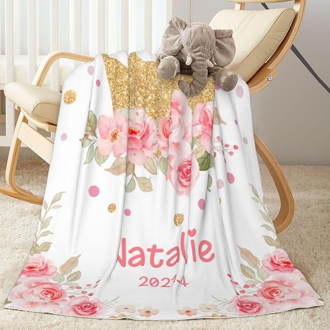 Personalized Baby Blanket, Custom Baby Blankets with Name for Girls, Personalized Baby Girl Gifts for Christmas Birthday Easter, Customized Baby Blanket for Kids Toddler New Mom Newborn (White)