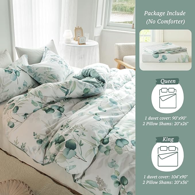 MILDLY Duvet Cover Leaf Pattern - 100% Washed Cotton Eucalyptus Printed Comforter Cover Sage Green Bedding Set with Zipper Closure 4 Ties Full Size