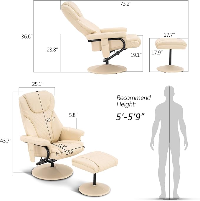 MCombo Recliner with Ottoman, Reclining Chair with Massage, 360 Swivel Living Room Chair Faux Leather, 4901 (Cream White)