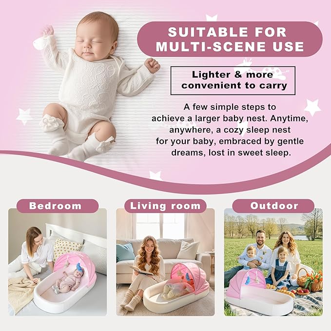 Portable Newborn Nest Lounger-Travel Bassinet,with Canopy & Mosquito Net-Lightweight Foldable Lounger Cotton Cover & Supportive Mattress Washable and Indoor-Outdoor Use (Pink)