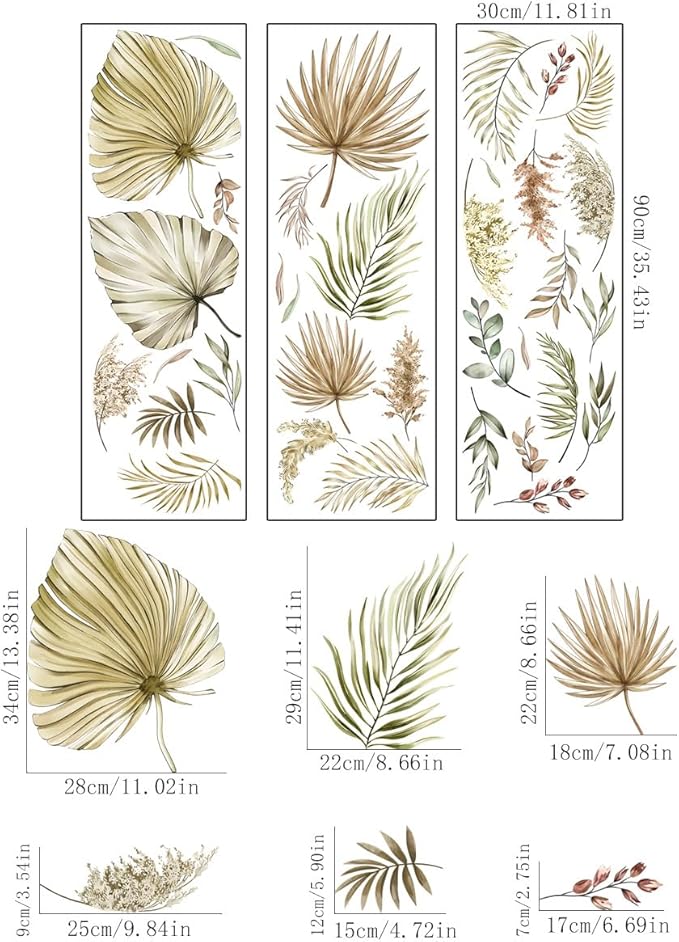 Large Boho Palm Leaves Wall Decals Fall Leaf Wall Stickers for Living Room Bedroom TV Background Wall Decor
