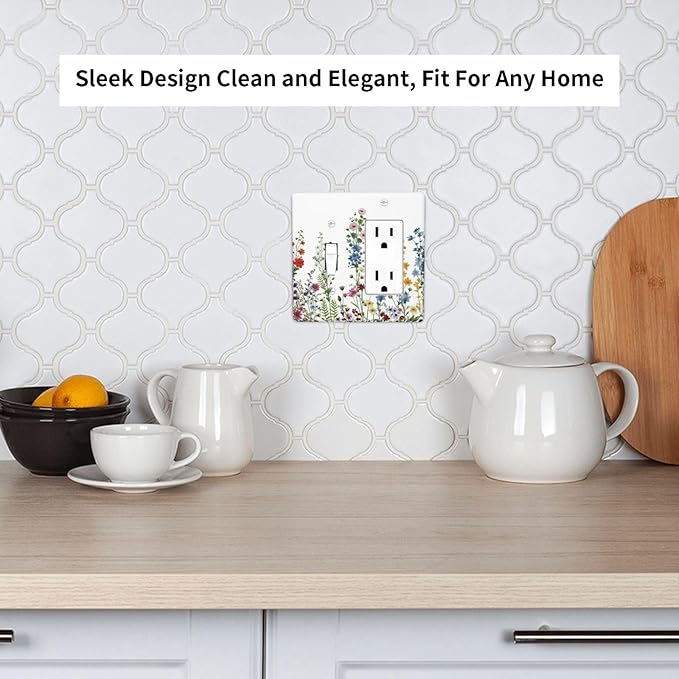 Outlet Covers Colorful Wildflowers Plants Flowers on White Background 2 Gang Combo Light Switch Cover Plate Toggle Rocker Socket Covers Decorative Switch Plates and Outlet Cover