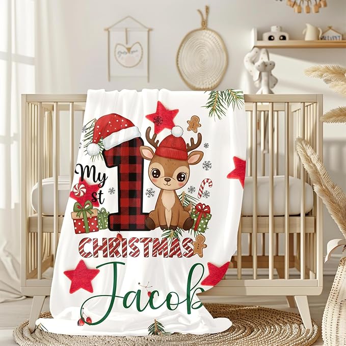Personalized Baby's First Christmas Blanket, Custom Velveteen Boy Baby Name Christmas Blanket, Soft Fleece Or Sherpa Throw, Baby Shower, Made in USA