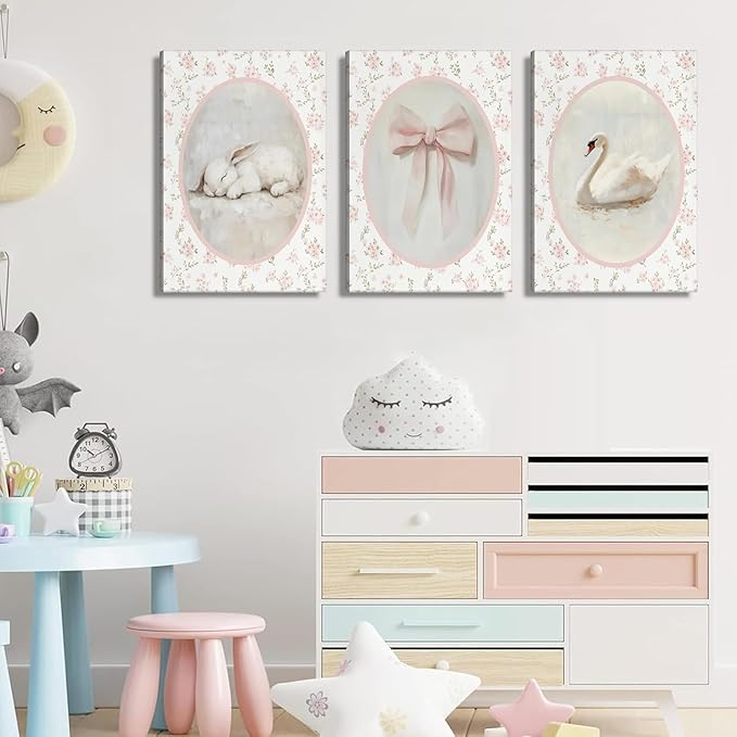 3Pcs Pink Vintage Nursery Canvas Wall Art Cute Animal Rabbit Swan Bow Flower Posters Prints Baby Girl Room Picture Wall Decor for Girls Room Bedroom Decorations Ready To Hang